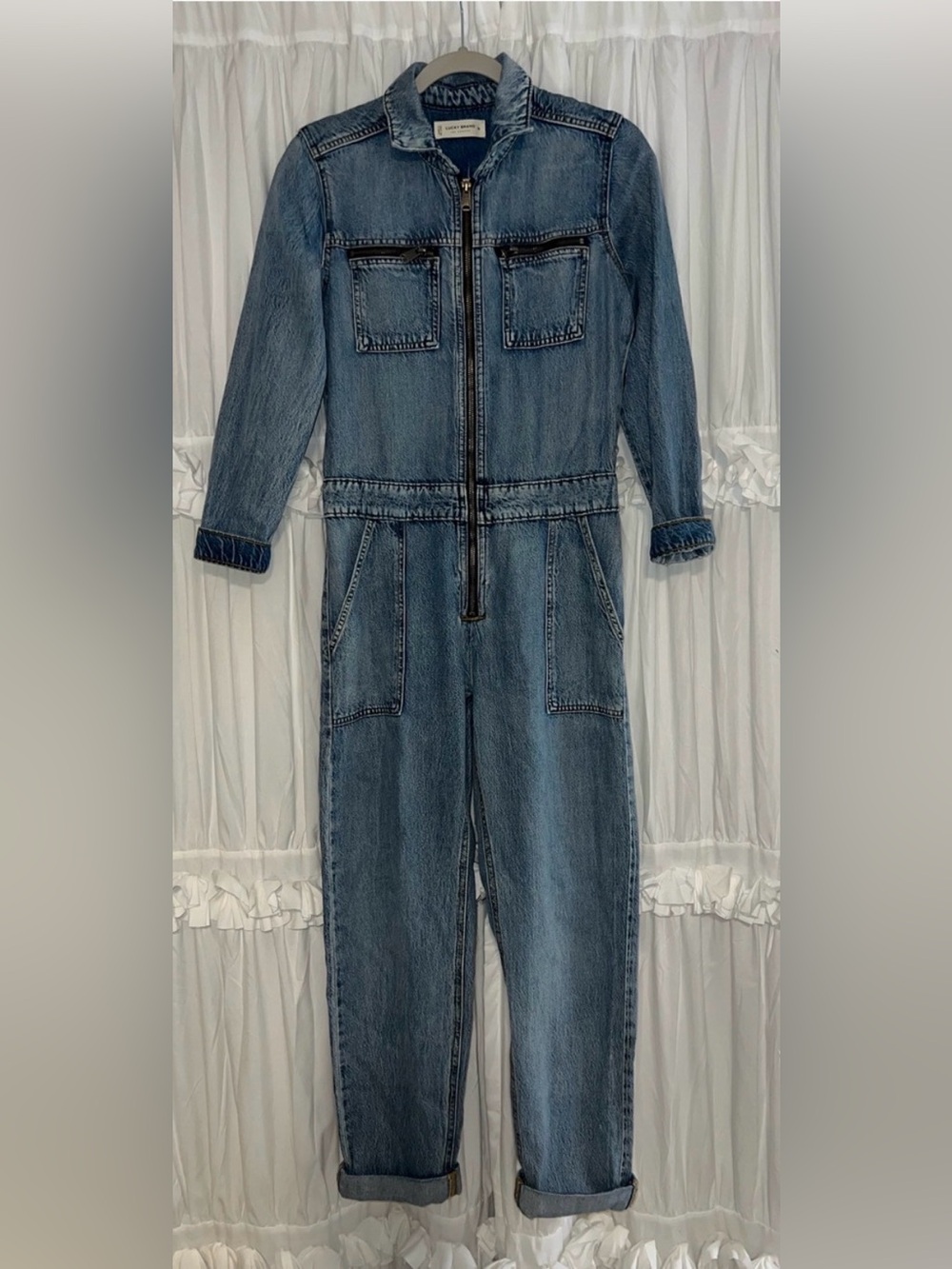 LUCKY BRAND Washed Denim organic cotton Coveralls jumpsuit front Zip